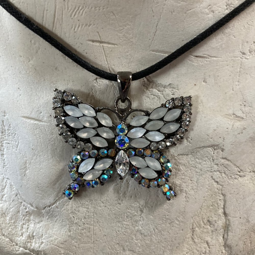 Butterfly Necklace Antique with crystals and stones on a black leather cord